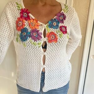 VTG Sigrid Olsen Embroidered Floral Crochet Knit Button Up Sweater Grandmacore M